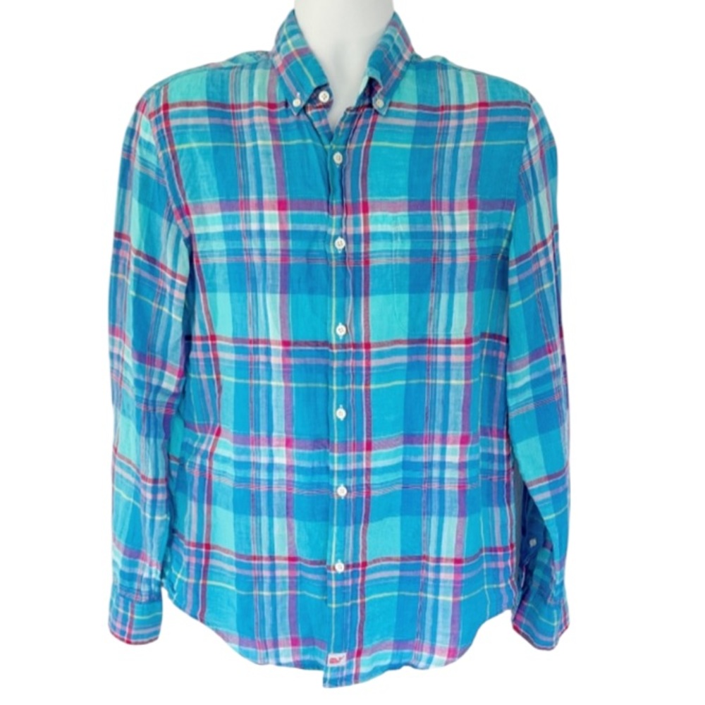 Vineyard Vines Slim Fit Murray blue pink plaid linen button down shirt medium